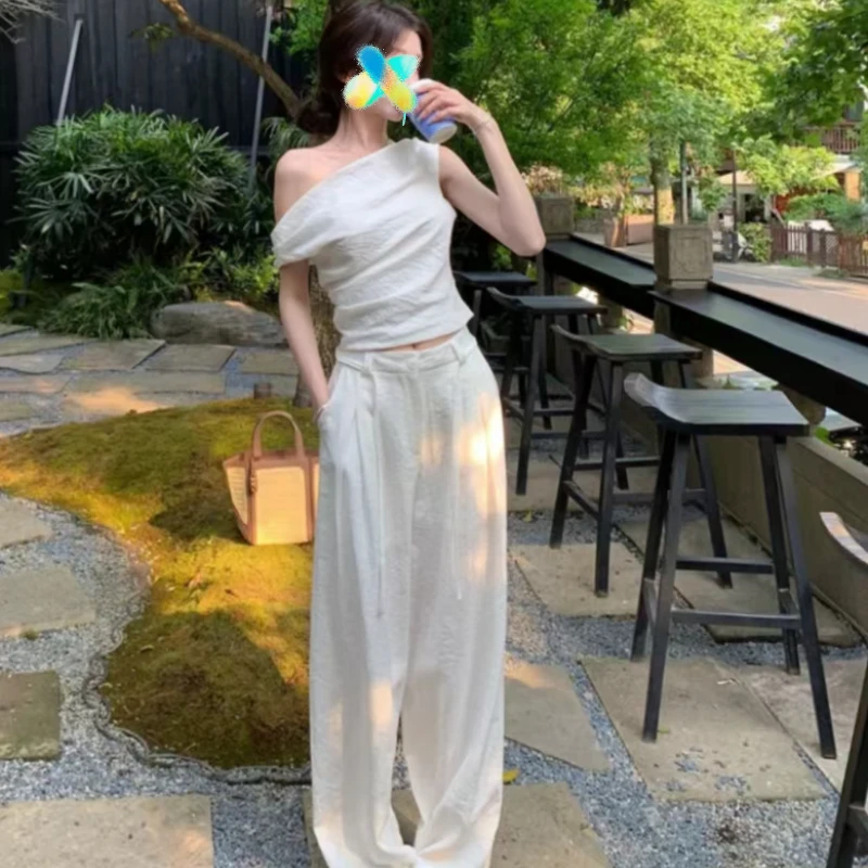 夏日清甜~斜肩短袖T恤高腰显瘦阔腿裤女度假风麻料套装