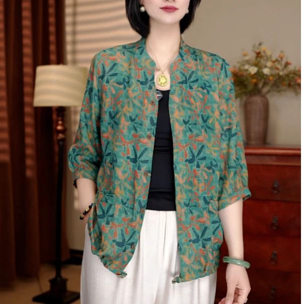 25夏季新款枫叶花气质七分袖显瘦中老年妈妈装开衫上衣