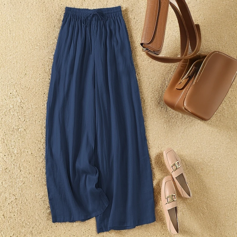 清仓捡漏棉麻妈妈阔腿裤女薄款春夏新款高腰宽松显瘦松紧腰长裤子