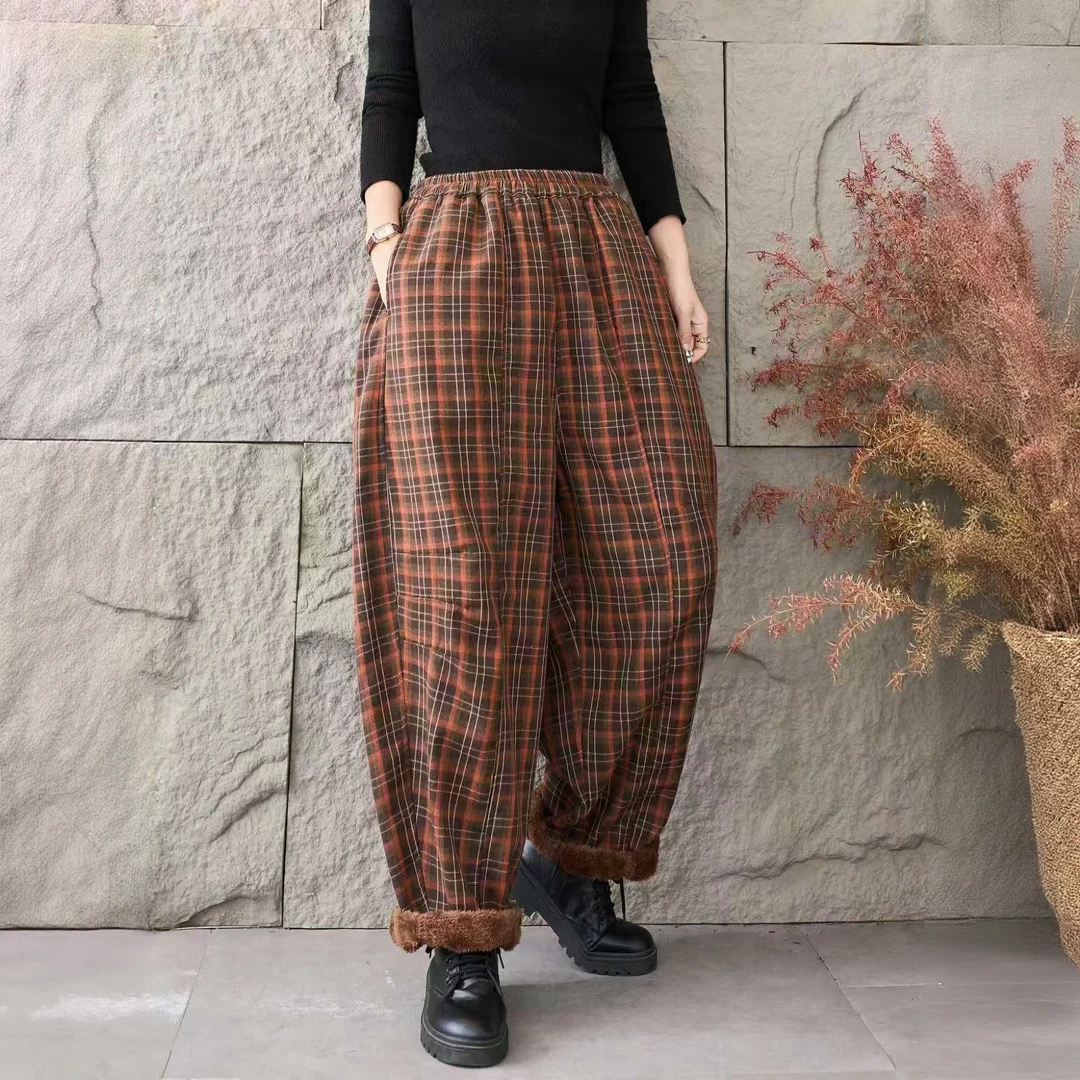 冬季格纹百搭宽松哈伦裤加厚加绒保暖休闲长裤