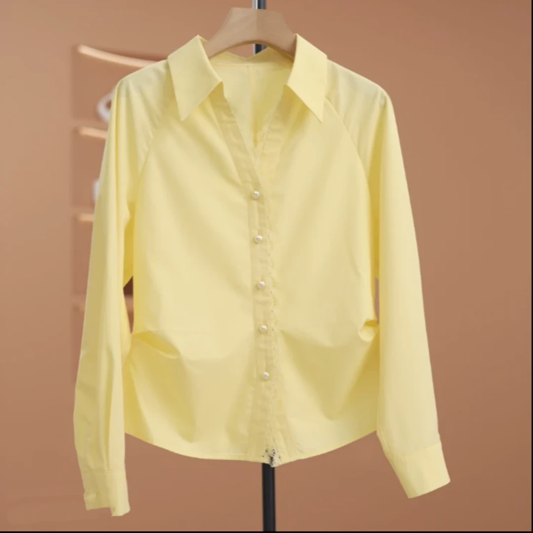 设计感蕾丝花边收腰长袖衬衫女2025新款春季气质时尚百搭显瘦衬衣