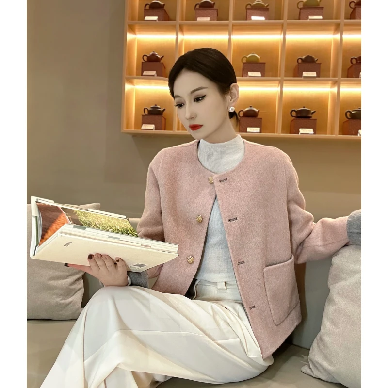 【蜜桃粉】高级感双面穿羊毛大衣女神气质双面呢小香风外套短款