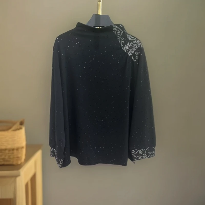-455A-黑色高领花纹纹理长袖时尚百搭宽松显瘦打底衫女上衣体恤