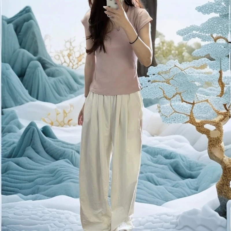 （谢）亚麻新款女裤直通微阔腿夏季百搭薄款