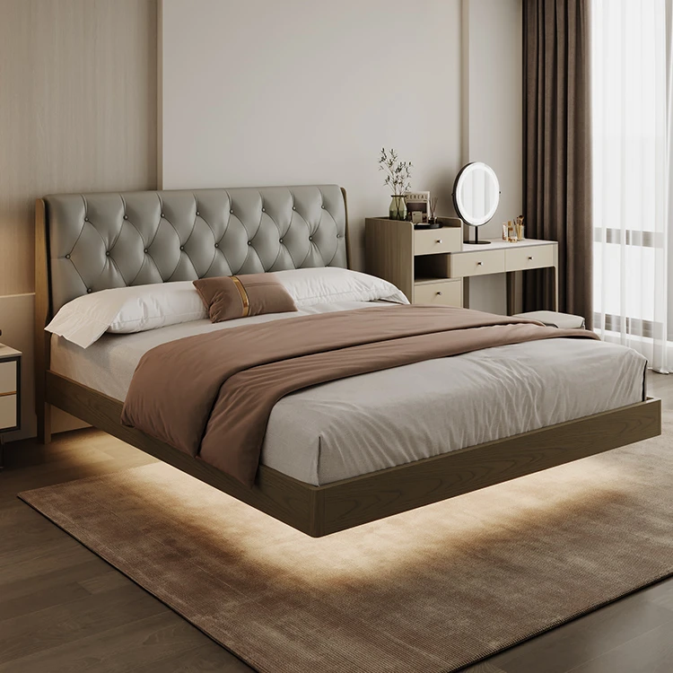 顾家木艺 悬浮床真皮主卧双人大床网红白蜡木实木床婚床PT8016B