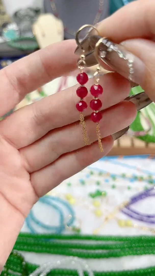 【闪购商品】红宝石耳饰14K金镶嵌三颗流苏59