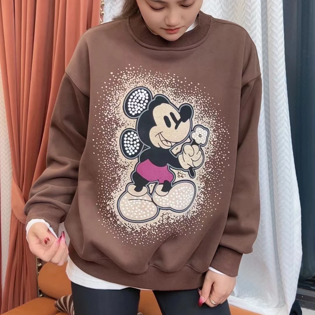 3052-0秋冬圆领复古做旧棕咖色加绒女卫衣印花休闲情侣百搭上衣