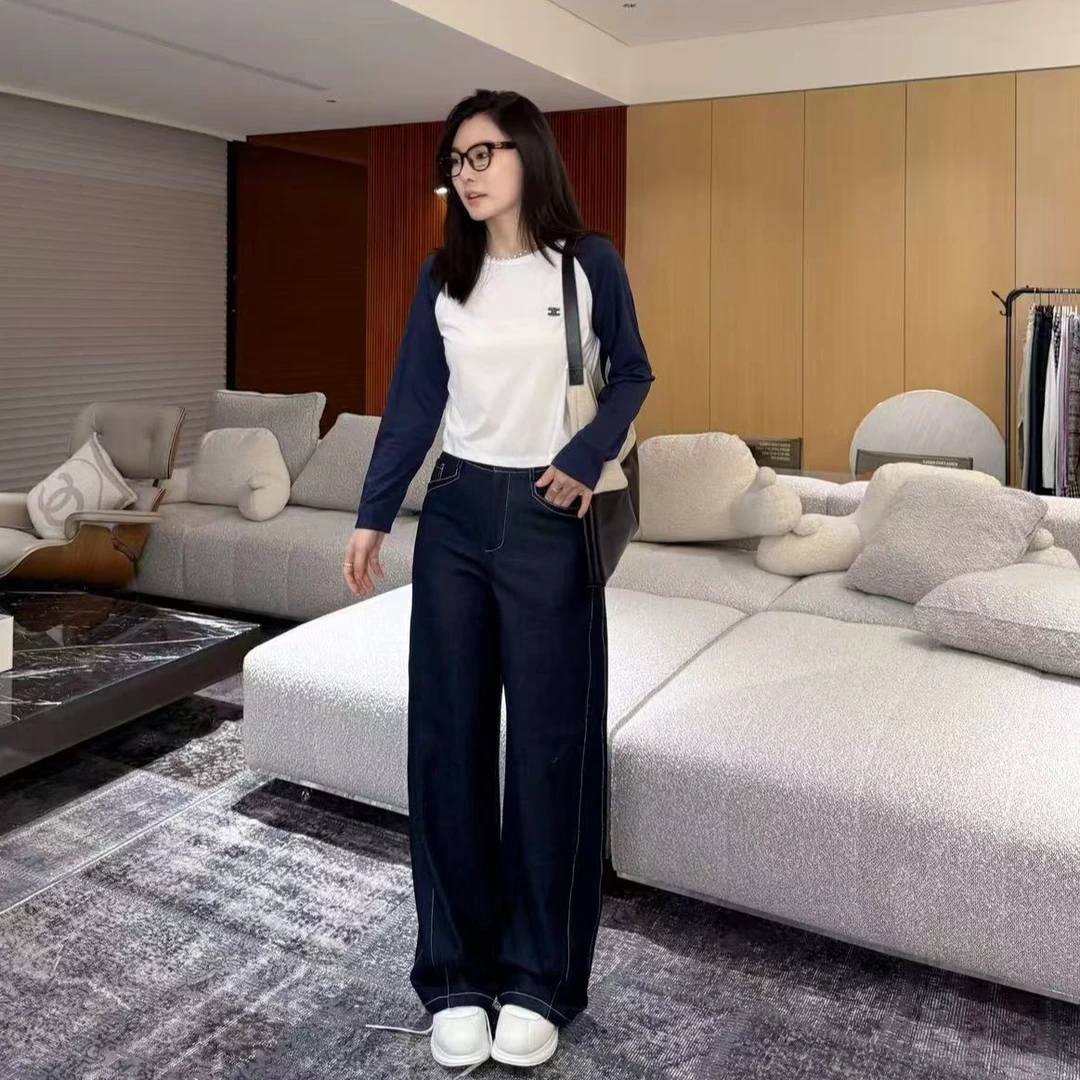 ARMS WELL王囡囡 牛仔蓝明线设计高腰阔腿弯刀牛仔裤 S306