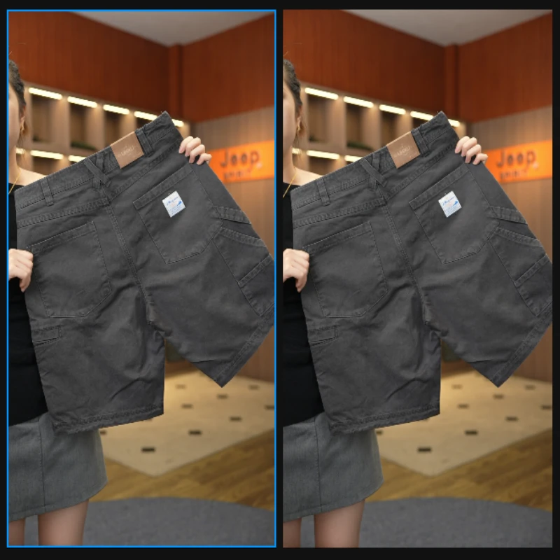 JEEPSPIRIT吉普高端男士工装裤夏季丹宁色织原棉宽松直筒短裤2031
