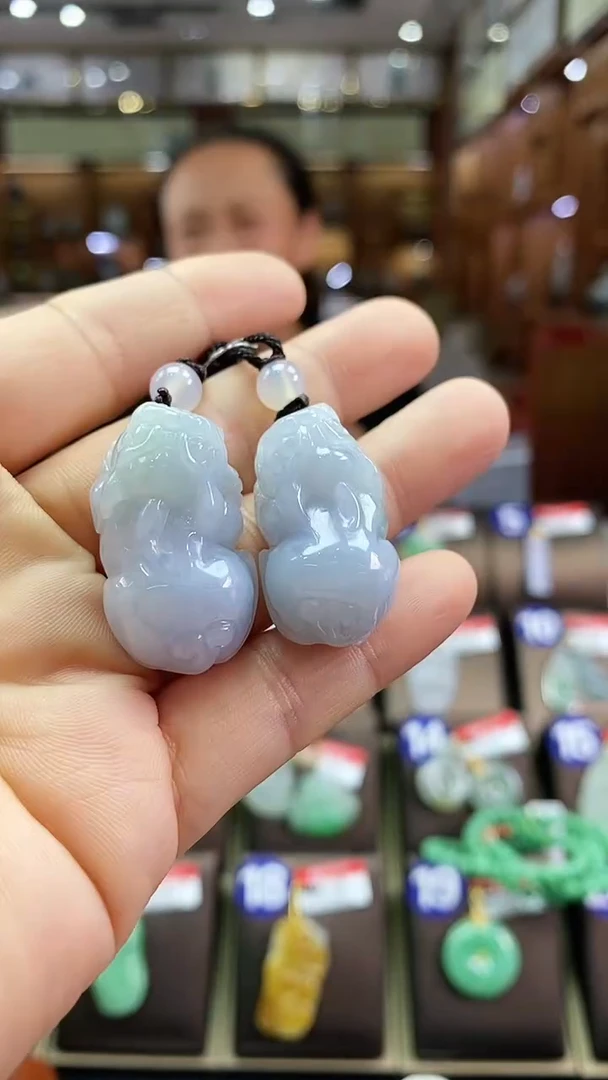 翡翠未镶嵌颈饰貔貅一对