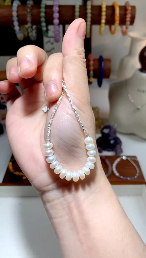 淡水珍珠手绳银S925镶嵌珍珠蘑菇碎银手链约6mm