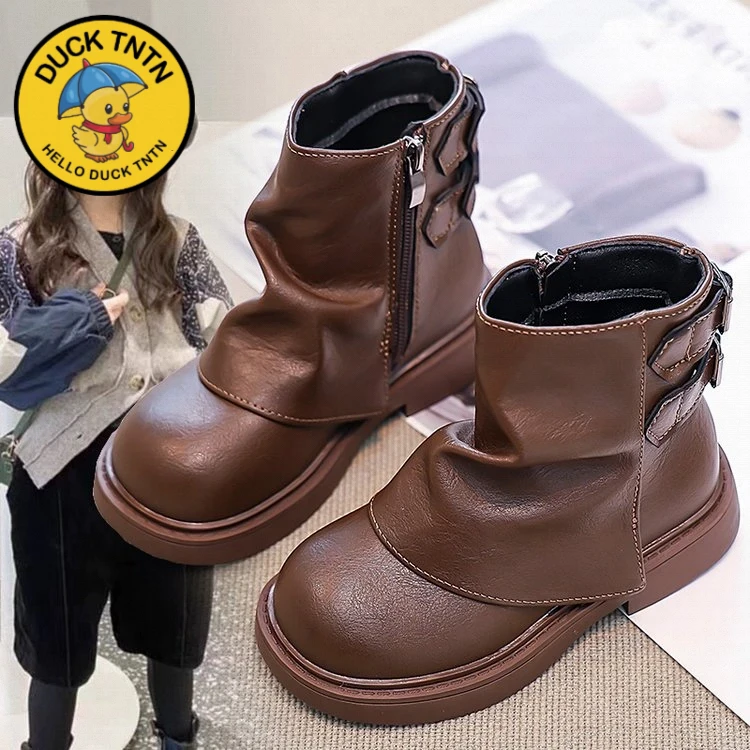 小黄鸭女童靴子英伦风短靴公主骑士靴2025春秋女童加绒鞋子马丁靴