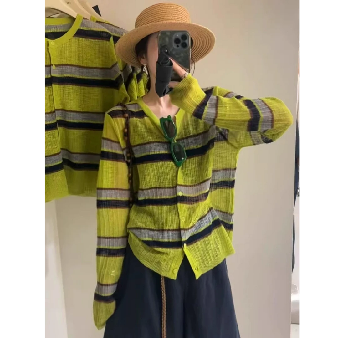 秋开衫长袖防晒衣薄款针织衫女上衣慵懒风撞色条纹宽松显瘦打底衫