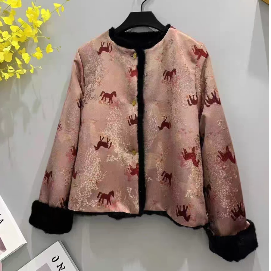 Y2026新中式国风双面穿毛毛外套女冬季新款气质红马年短款上衣女