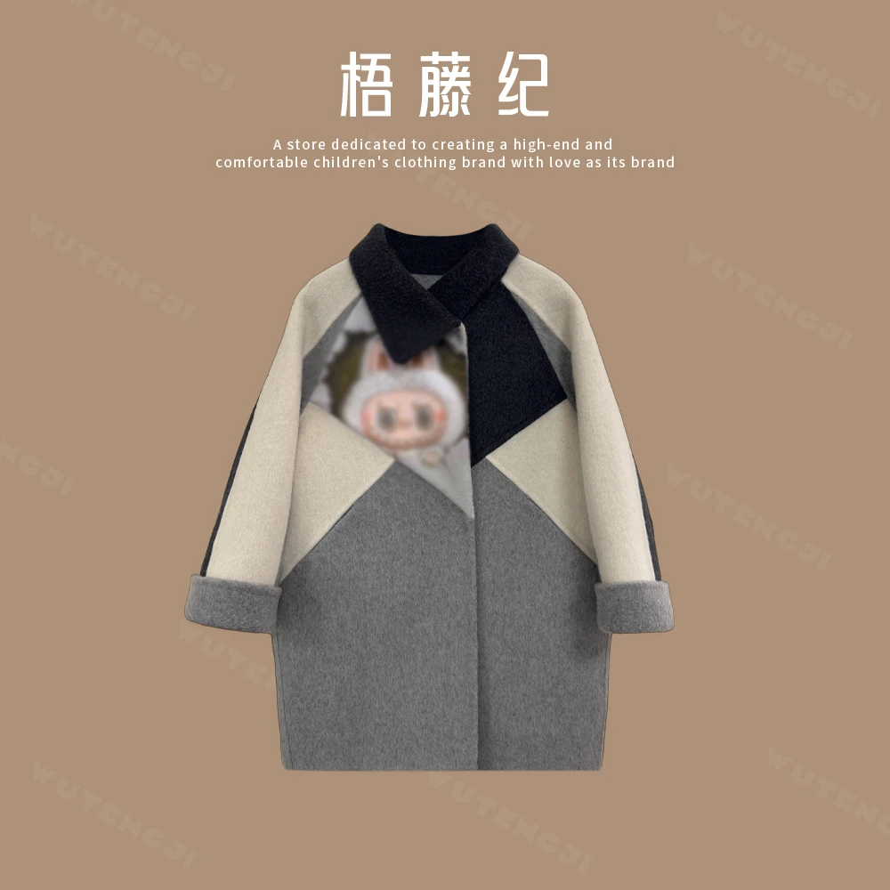 【阿布布】【纯手工羊毛大衣】童装撞色拼接卡通图案翻领外套25DY086