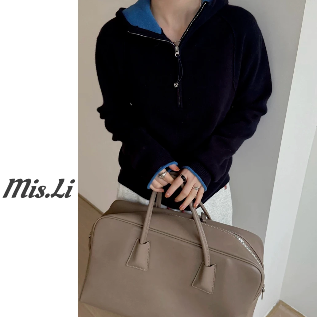 欧货拼色羊毛帽衫长袖休闲百搭针织衫气质减龄设计感上衣女