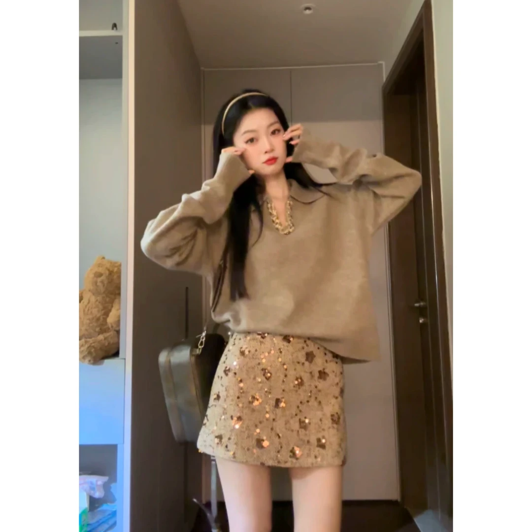 千金风套装女设计感编织翻领毛衣冬亮片包臀裙半身裙