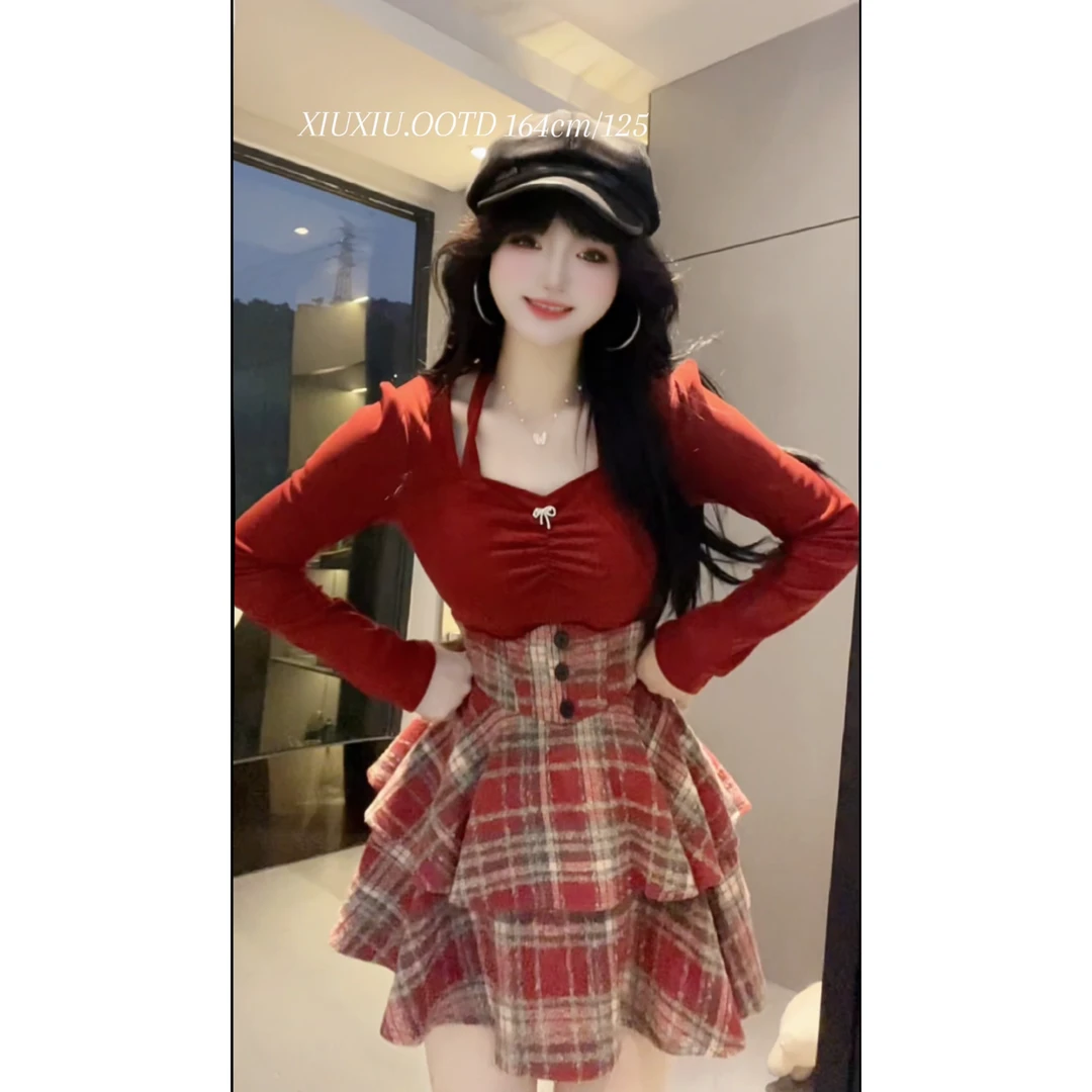 【落日甜心】7669微胖mm修身上衣纯欲辣妹气质风上衣束腰半身裙套装