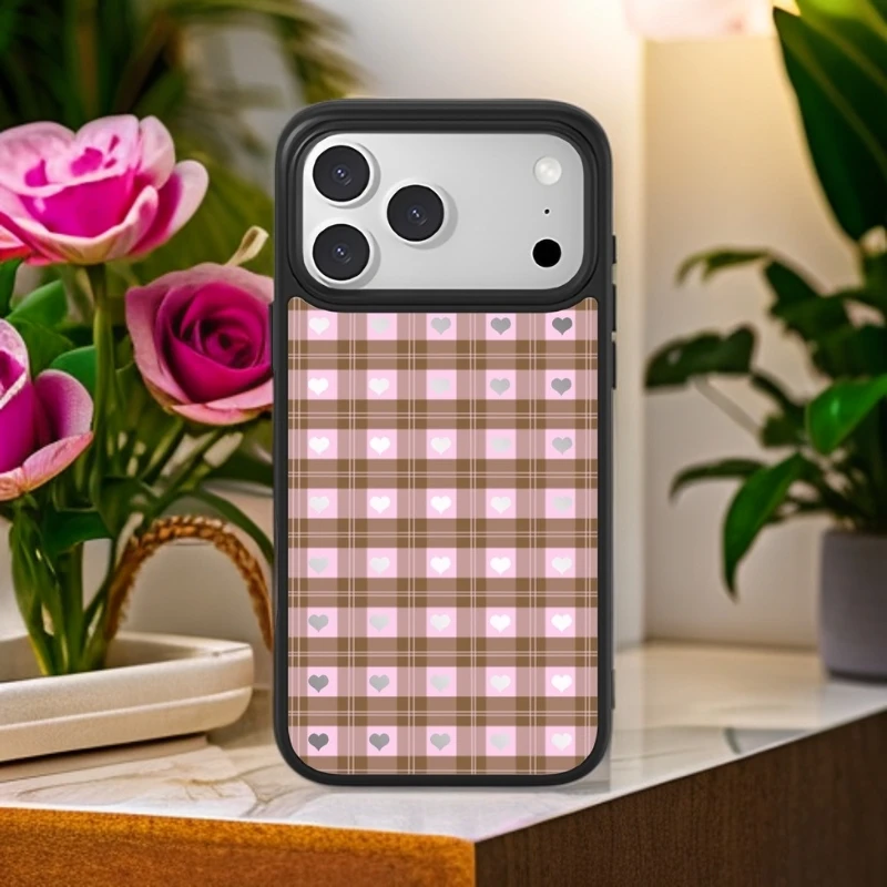 秋冬复古格纹爱心系列适用苹果17promax-13磨砂防滑磁吸手机壳