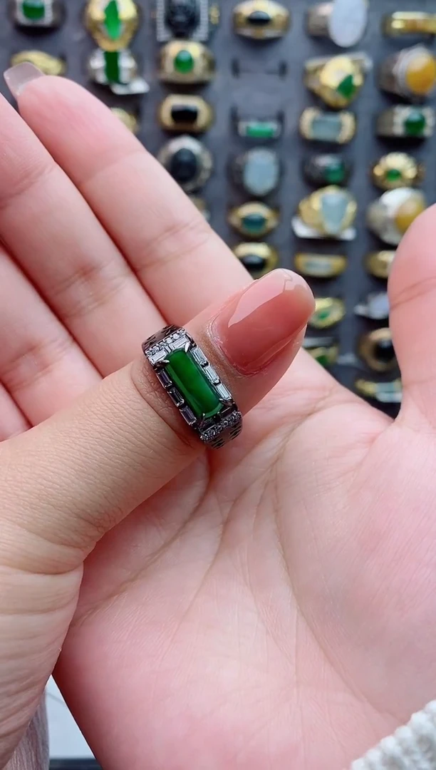 银S925镶嵌戒指翡翠天然翡翠男戒