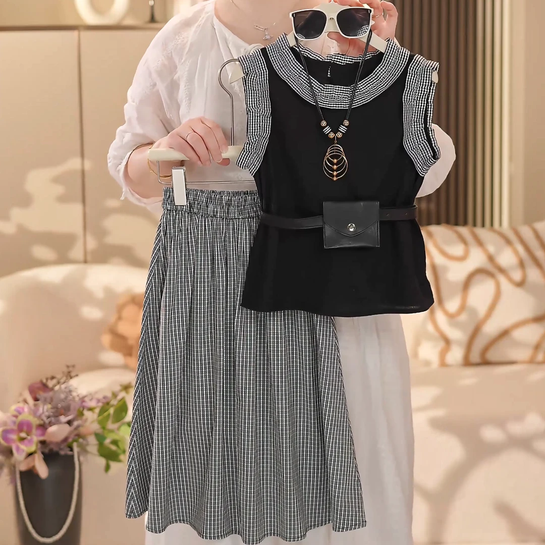 女童2025夏季新款洋气拼接格子背心➕格子半身裙套装YY314