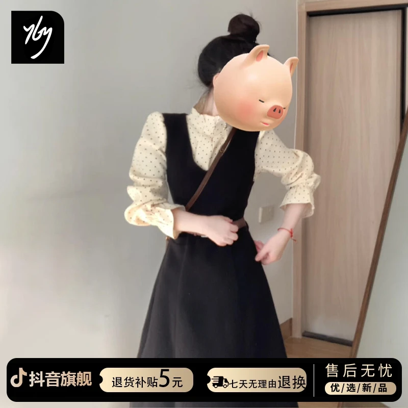 气质波点衬衫背带连衣裙子女秋游出行衣服穿搭配一整套装内搭长裙