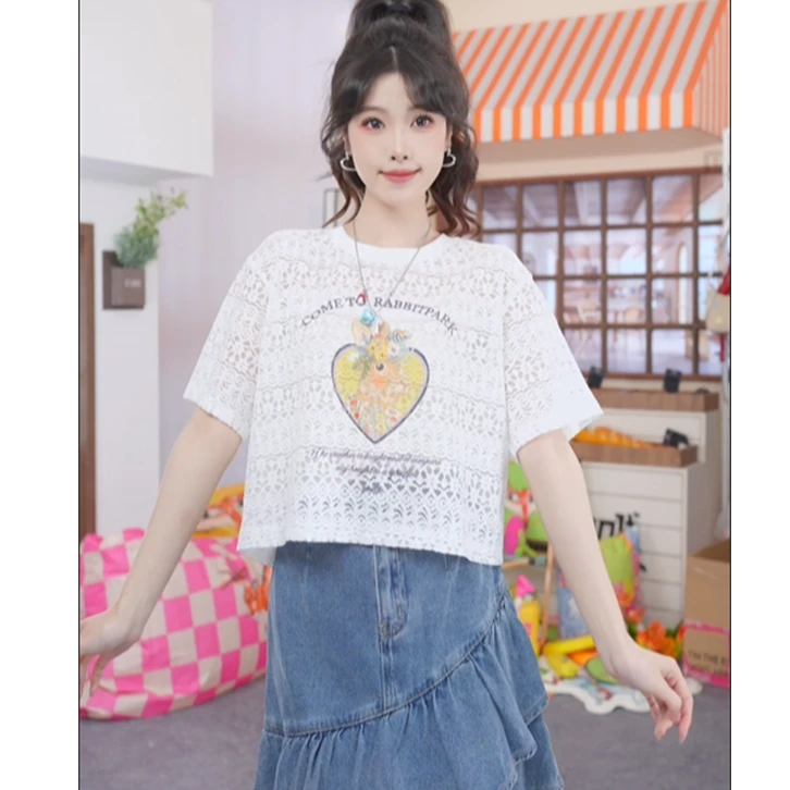 妖精的口袋蕾丝镂空亲肤感短袖t恤2025夏新宽松百搭显瘦25205133