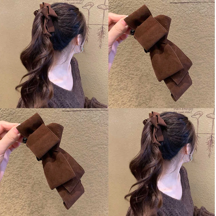 美拉德麂皮绒面朱古力色蝴蝶结香蕉夹女2025新款竖夹扭扭夹子头饰