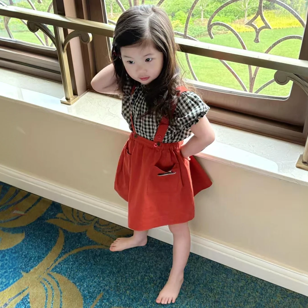 小惜亦夏韩版童装女童格子泡泡袖上衣红色背带裙公主套装五一出游