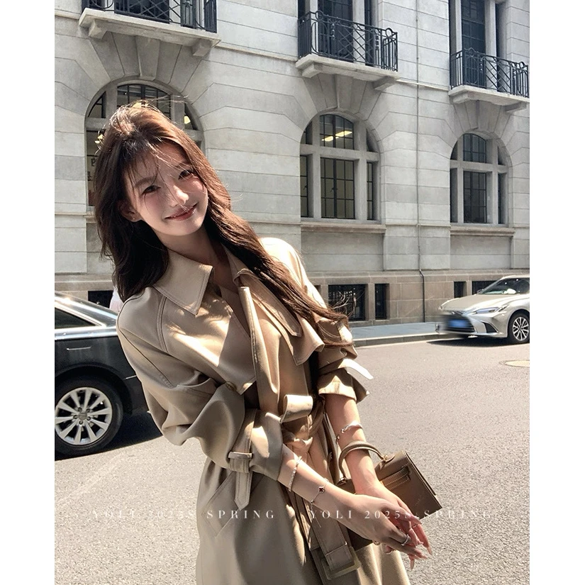 女秋装轻职风长款纯色小个子风衣收腰宽松中长款A78161