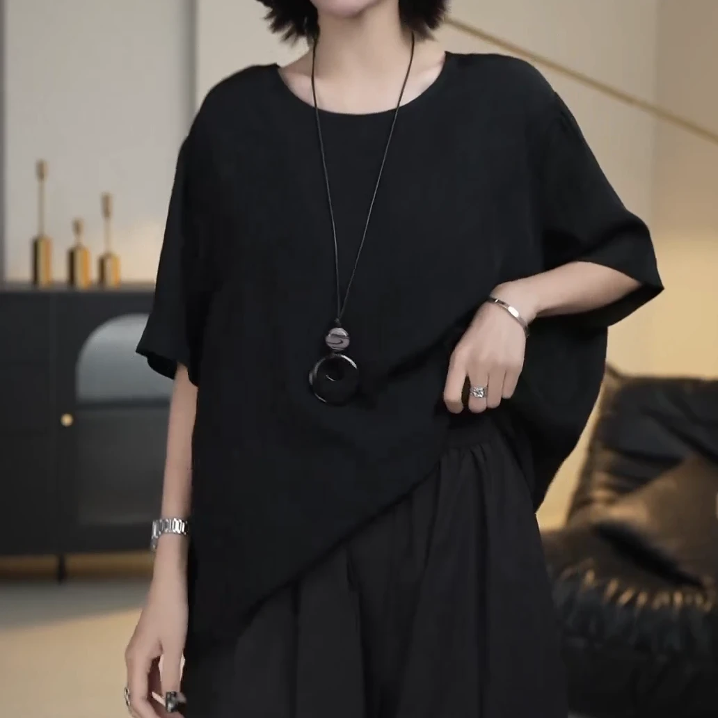 黑色短袖遮肉夏季新款T恤夏季新款蝙蝠袖慵懒风宽松显瘦纯色上衣