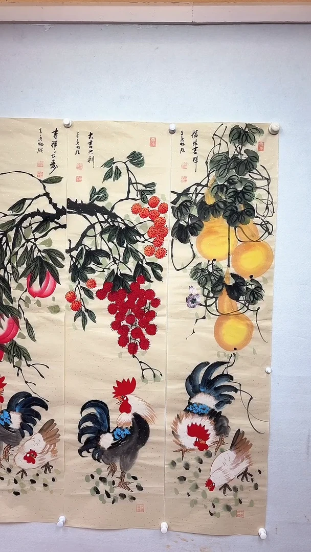 国画仿古公鸡四条屏/雷畅胜