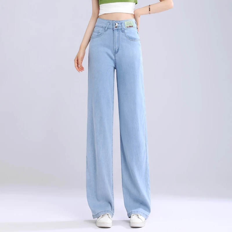 莱赛尔天丝直筒牛仔裤女2025夏季宽松高腰薄款百搭垂感窄版阔腿裤