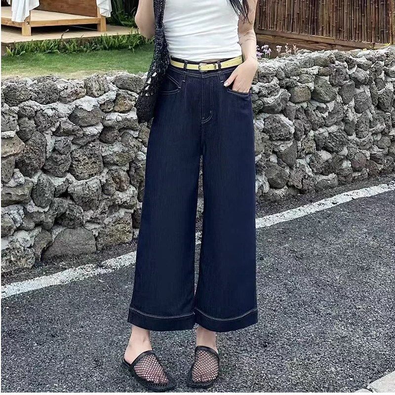 80701/80274复古深蓝色阔腿牛仔裤女2025新款九分直筒裤小个子
