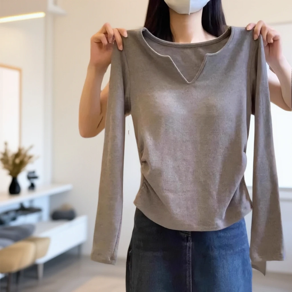 v领打底衫女装新款德绒加绒加厚小上衣内搭秋冬显瘦不规则长袖t恤