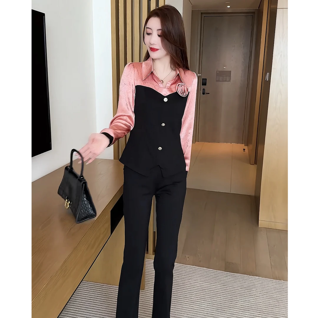 2025春季时尚气质减龄收腰显瘦拼接修身设计感长袖衬衣套装