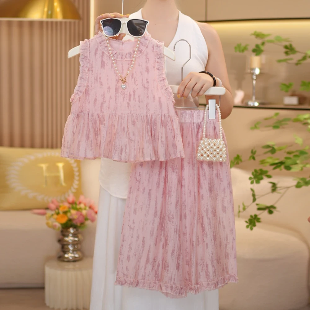 【闺蜜家】女童夏季2025新款时尚感扎染无袖娃娃衫七分裤套装-8568