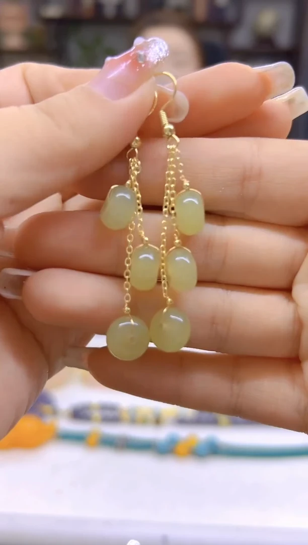 和田玉14K金镶嵌耳饰DIY款E841