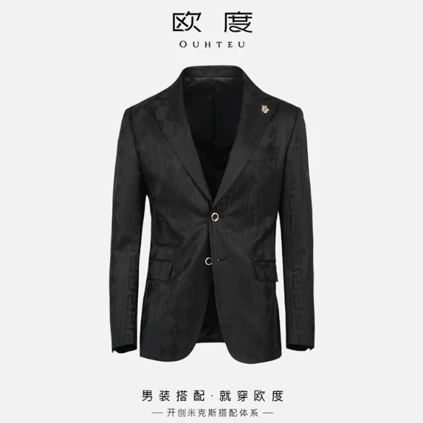 OUHTEU/欧度【100绵羊毛】春季休闲平驳领商务单西西服男士黑色3606
