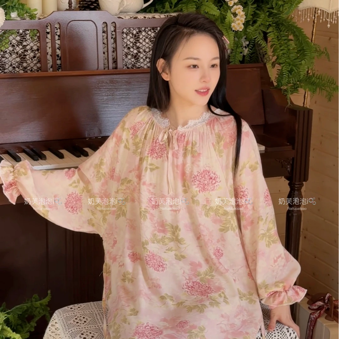 【带胸垫】法式宫廷裙居家可外出夏棉绸家居服大码裙女蕾丝有口袋