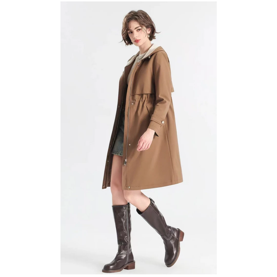 专柜品质FY054春秋高级感时尚宽松中长款抽绳连帽女式风衣外套