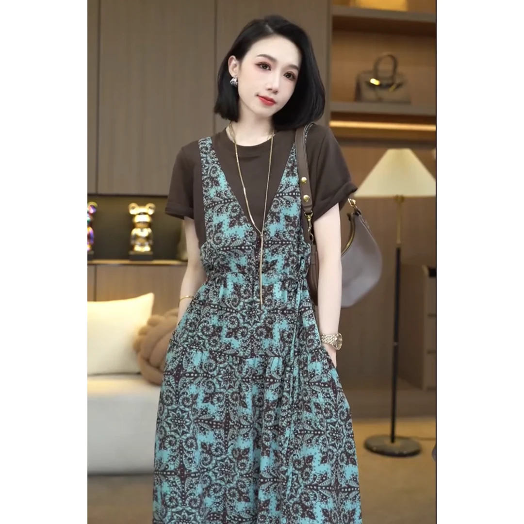 欧颍昇2025时尚新款复古收腰显瘦气质洋气减龄长款连衣裙子7279