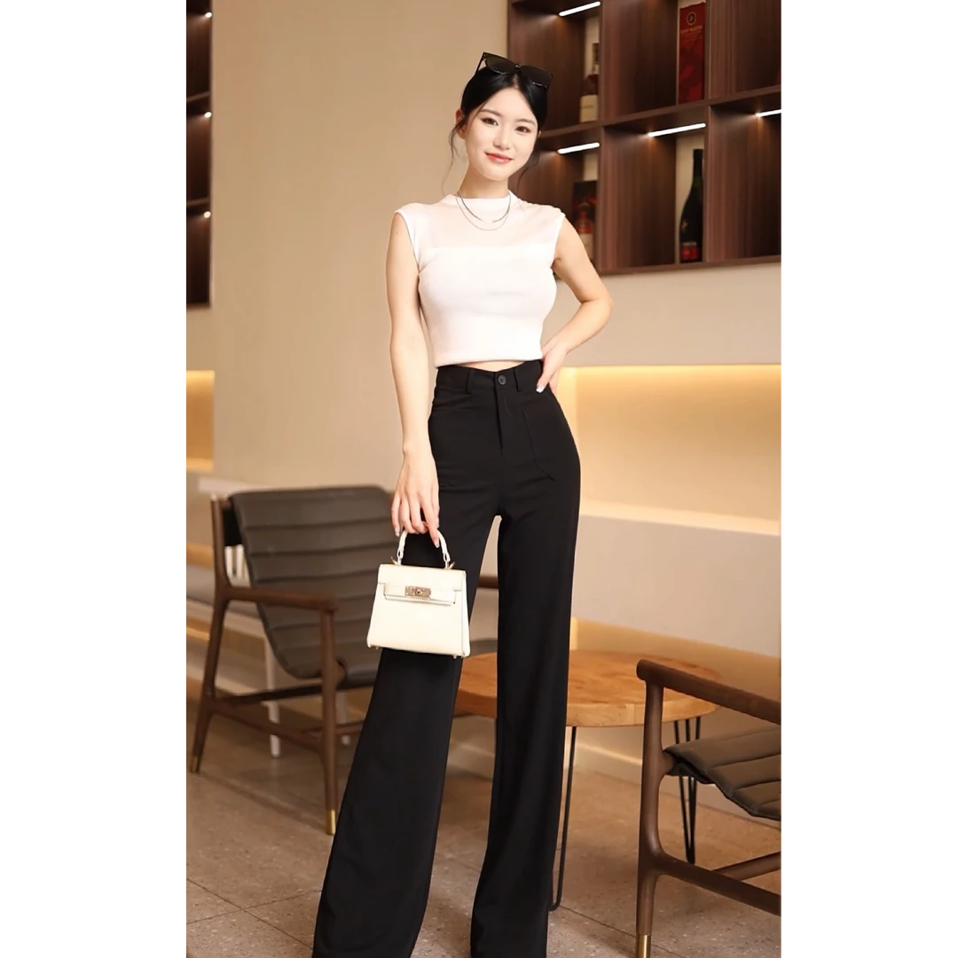 【新盛夏光年】小众白色高腰直筒女夏时尚设计感复古气质微拖地长裤