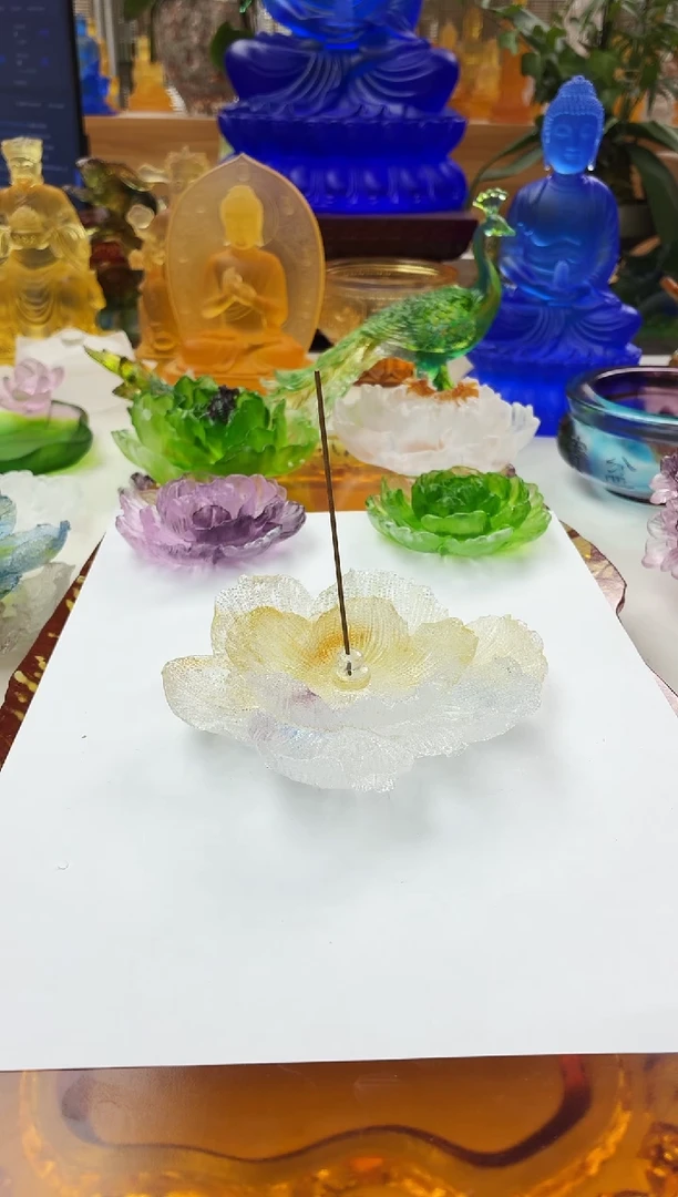 手工艺品琉璃淡黄色牡丹花线香插12公分