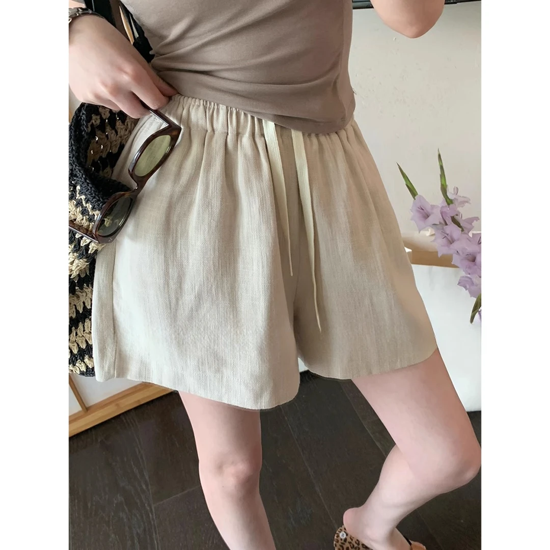 法式透气舒适亚麻抽绳短裤子女2025夏新款高腰宽松百搭A字阔腿裤