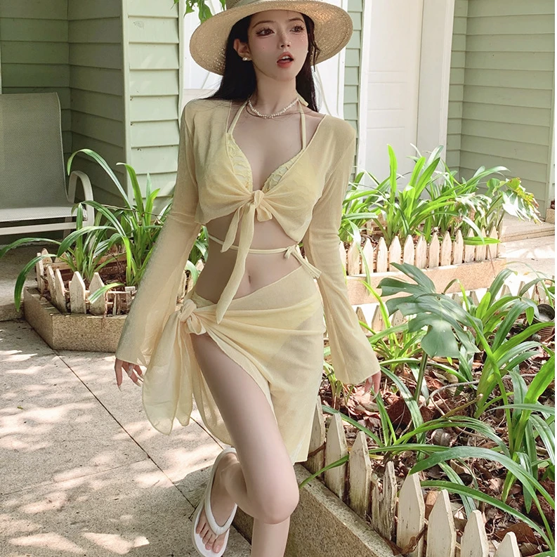 高级气质长袖防晒分体式四件套比基尼泳衣性感显瘦微胖女生泳衣