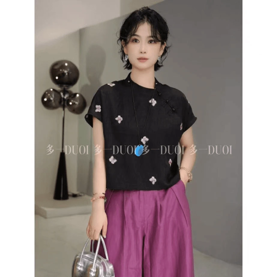 “紫蝶”2025夏季国风蝴蝶刺绣提花设计休闲气质百搭上衣