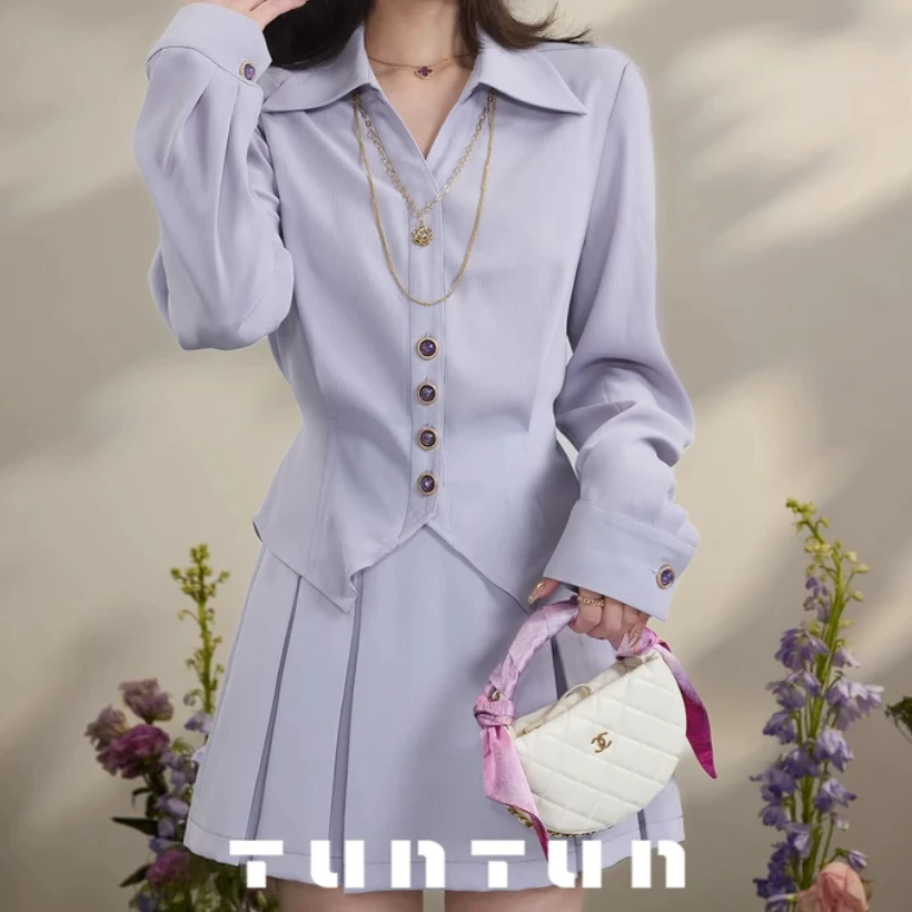 ZM服饰 【遗落凡间 紫色】气质满满 缎面光泽感收腰衬衫