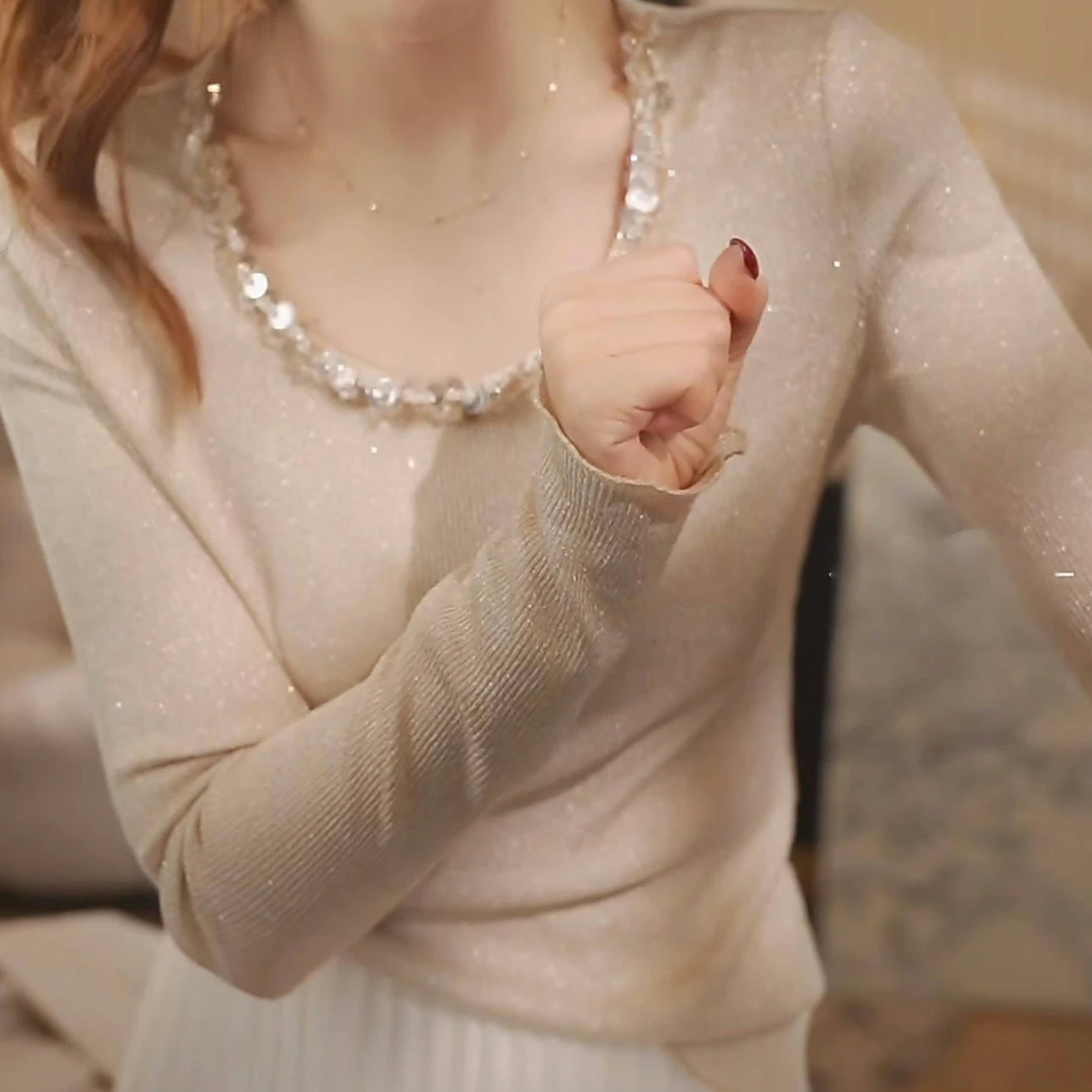 设计感轻奢高级感钉珠针织衫女2025春款修身显瘦套头打底衫上衣