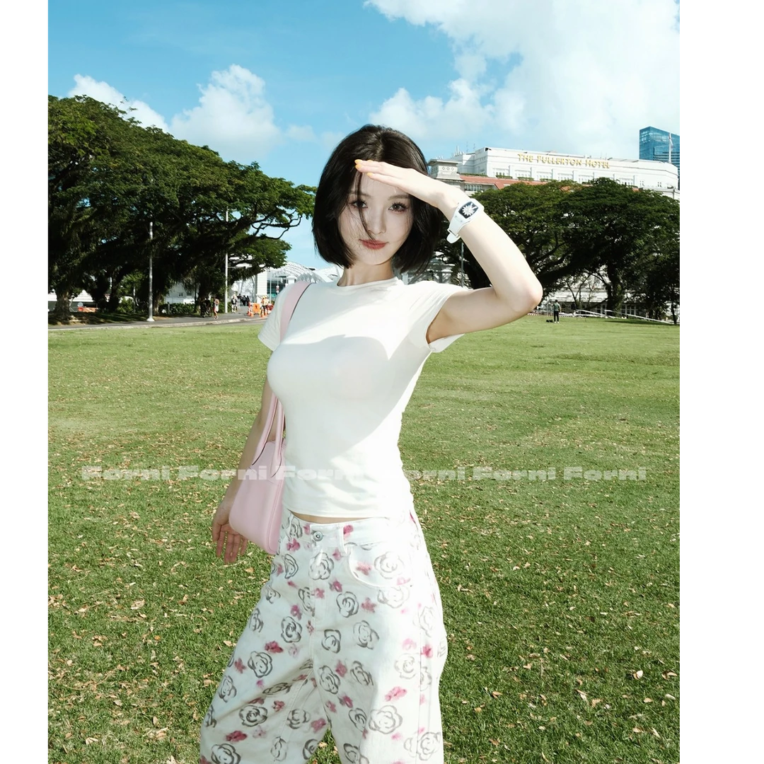 FORNI 金姐半T 春季新款修身打底衫纯色短款正肩短袖T恤女